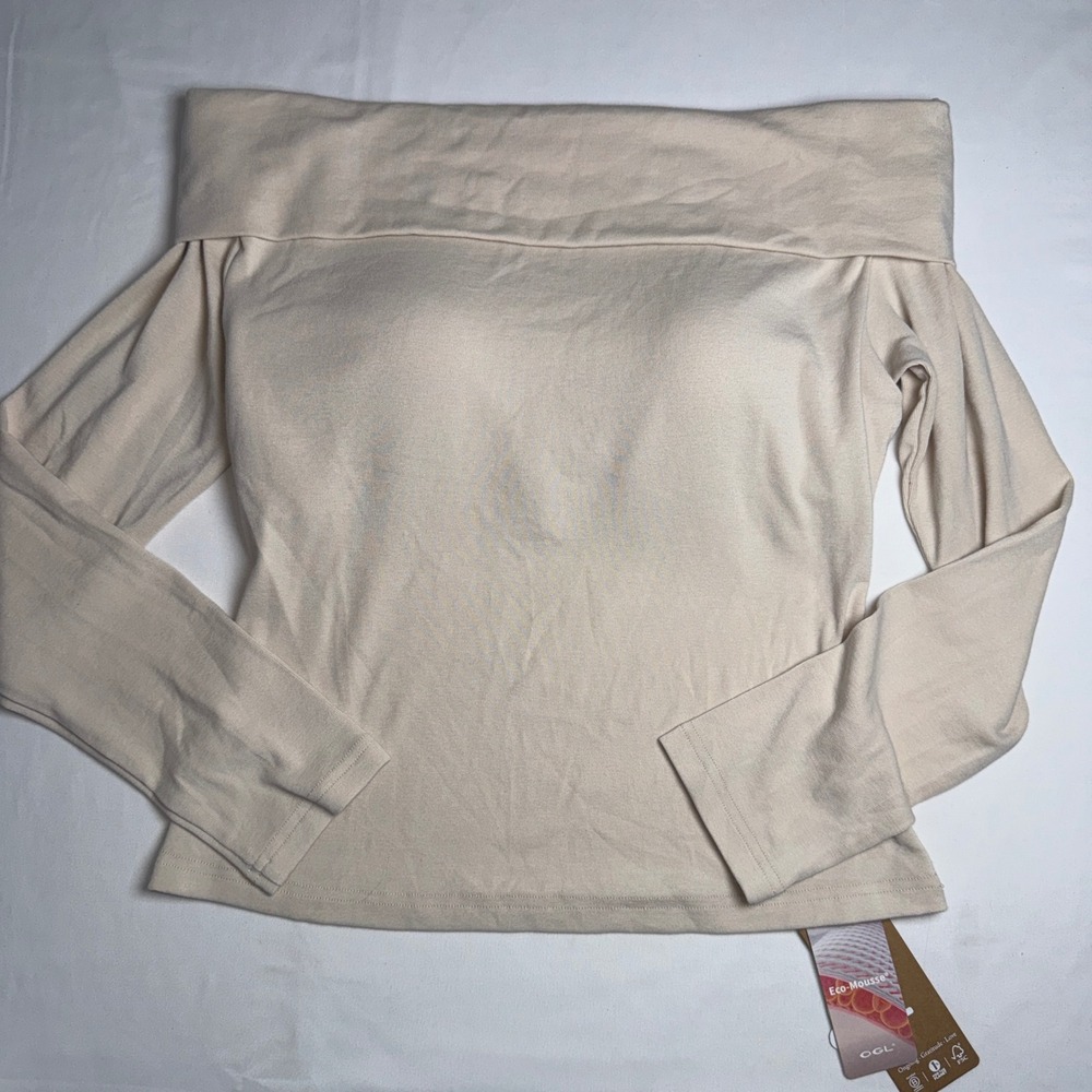 OGL Eco-Mousse Off The Shoulder Long Sleeve Top Beige Large NWT 250922-2832W22